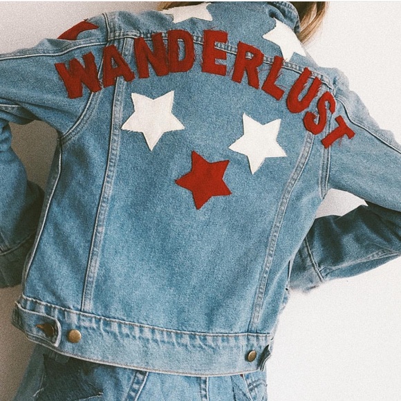 HIGH HEELS SUICIDE WANDERLUST Star Patch Embellished DENIM jean JACKET Sz S - Picture 5 of 16